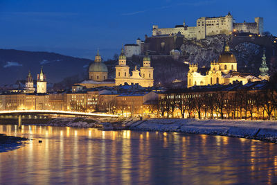 Romantic skyline of city salzburg in austria at christmas