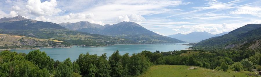 Scenic view of mountains and lake against sky