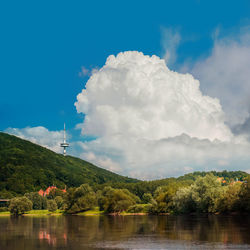 Scenic view of trees and mountains against sky