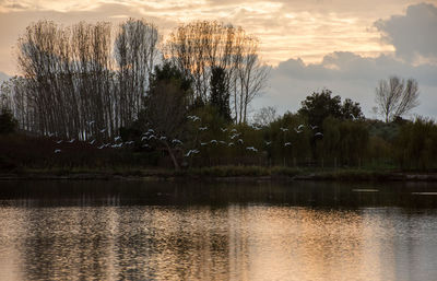 Scenic view of lake against sky at sunset