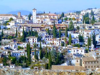 High angle shot of townscape against clear sky