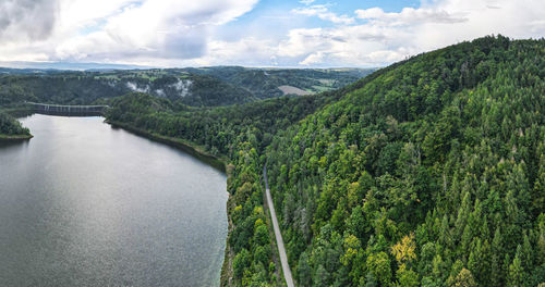 Scenic view of river amidst trees against sky