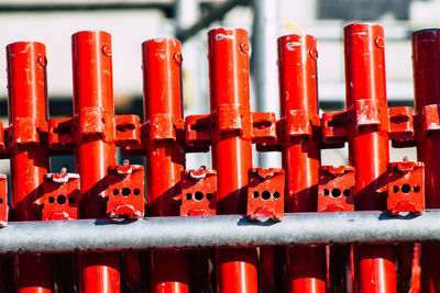 High angle view of red machine in factory