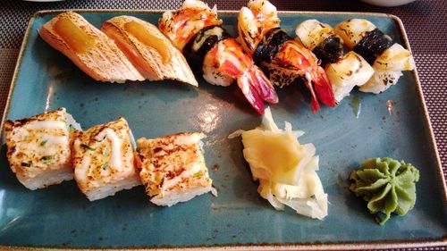 High angle view of seafood on table