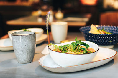 Close-up of food served on table