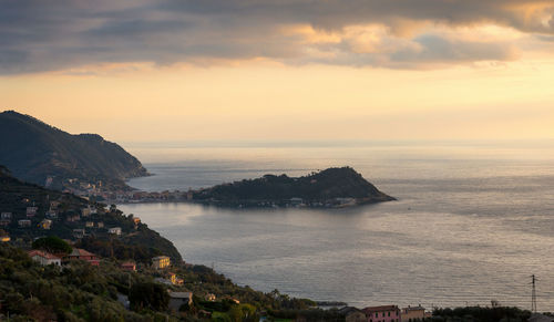 High angle view of sea against sky at sunset