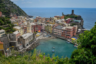 High angle view of buildings by sea against sky