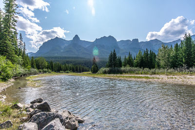 Scenic view of lake by mountains against sky