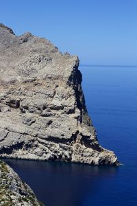 Rock formations by sea against clear blue sky