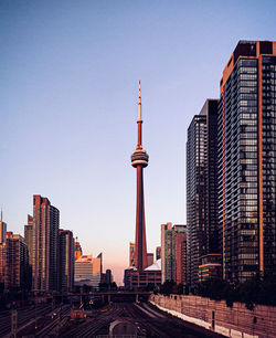 View of buildings in city against clear sky