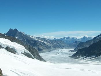 Scenic view of mountains against clear blue sky