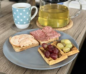 High angle view of breakfast served on table