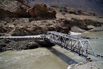 Rock formation by river against mountains