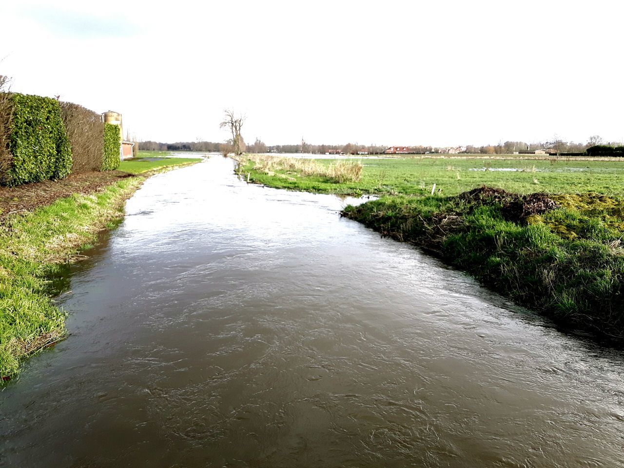 water, grass, clear sky, tranquility, tranquil scene, stream, nature, scenics, beauty in nature, diminishing perspective, canal, plant, river, the way forward, green color, growth, copy space, sky, field, waterfront