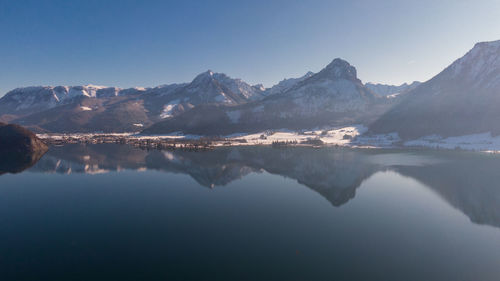 Scenic view of lake and mountains against clear sky