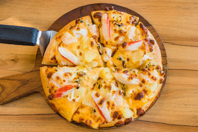 High angle view of pizza on table
