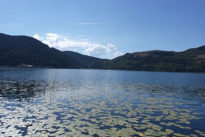 Scenic view of lake by mountains against sky