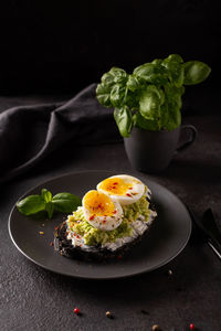 Breakfast with avocado toast with eggs on a plate