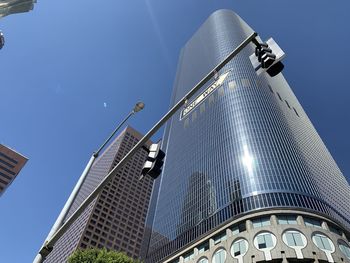 Low angle view of modern building against blue sky