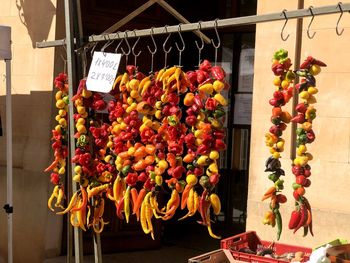 Spices hanging on market stall 