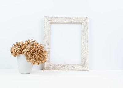 Flower vase against white wall
