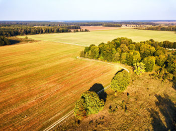 High angle view of field against sky