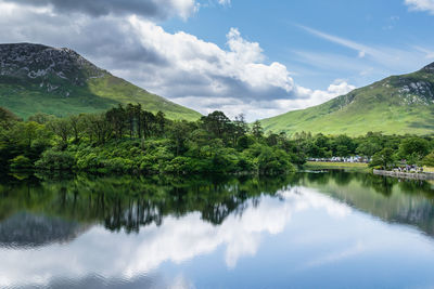 Scenic view of lake and mountains against sky