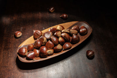 High angle view of fruits in bowl on table