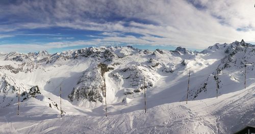 Scenic view of snowcapped mountains against sky