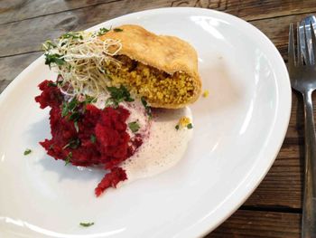 Close-up of food in plate on table