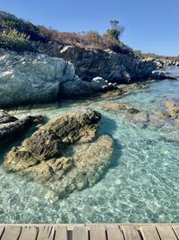 Scenic view of rocks in sea against clear sky