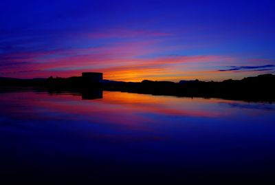 Scenic view of lake against sky at sunset