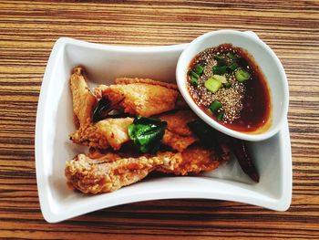 High angle view of meal served on table