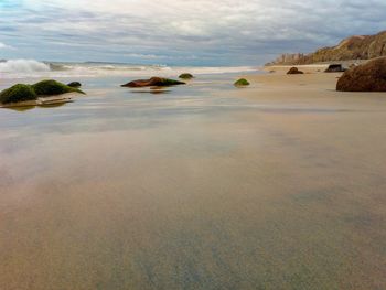 Surface level of rocks on shore against sky