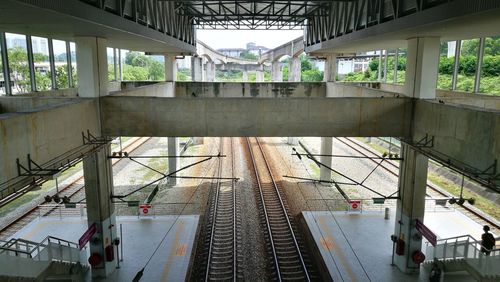 Railroad station platform seen through bridge