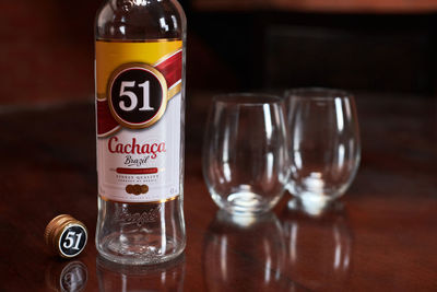 Close-up of beer glass on table