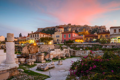 Remains of hadrian's library and acropolis in the old town of athens.