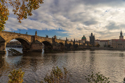 Bridge over river against buildings in city