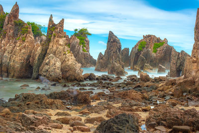 Panoramic view of rocks on beach against sky