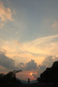 Silhouette people standing by trees against sky during sunset