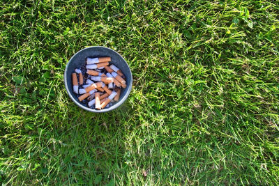 Directly above shot of cigarette on field