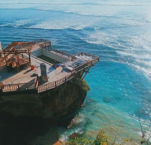 High angle view of abandoned ship on sea