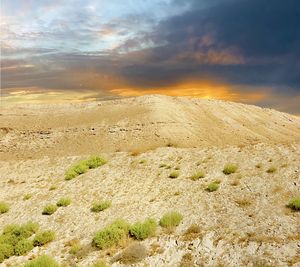 Scenic view of desert against sky during sunset