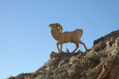 Low angle view of rock formation against clear blue sky