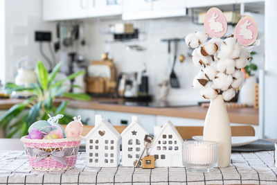 Close-up of christmas decorations on table