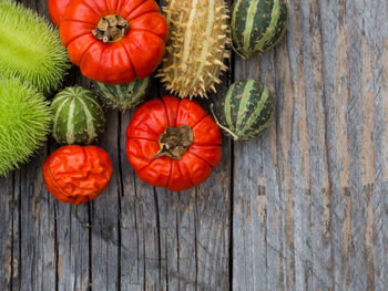 High angle view of pumpkins on table