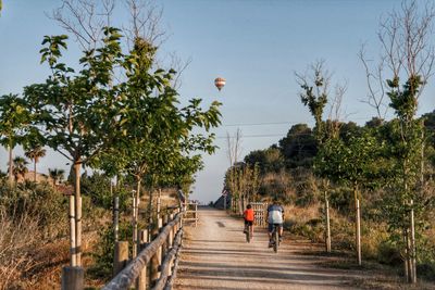 Rear view of father with son riding bicycle on street