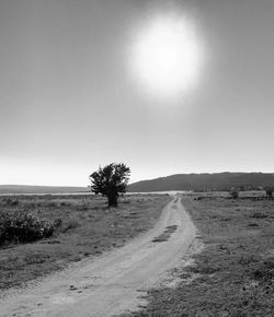 Dirt road amidst field against sky