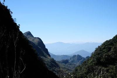 Scenic view of mountains against clear blue sky