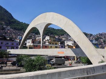 Bridge by buildings in city against clear sky